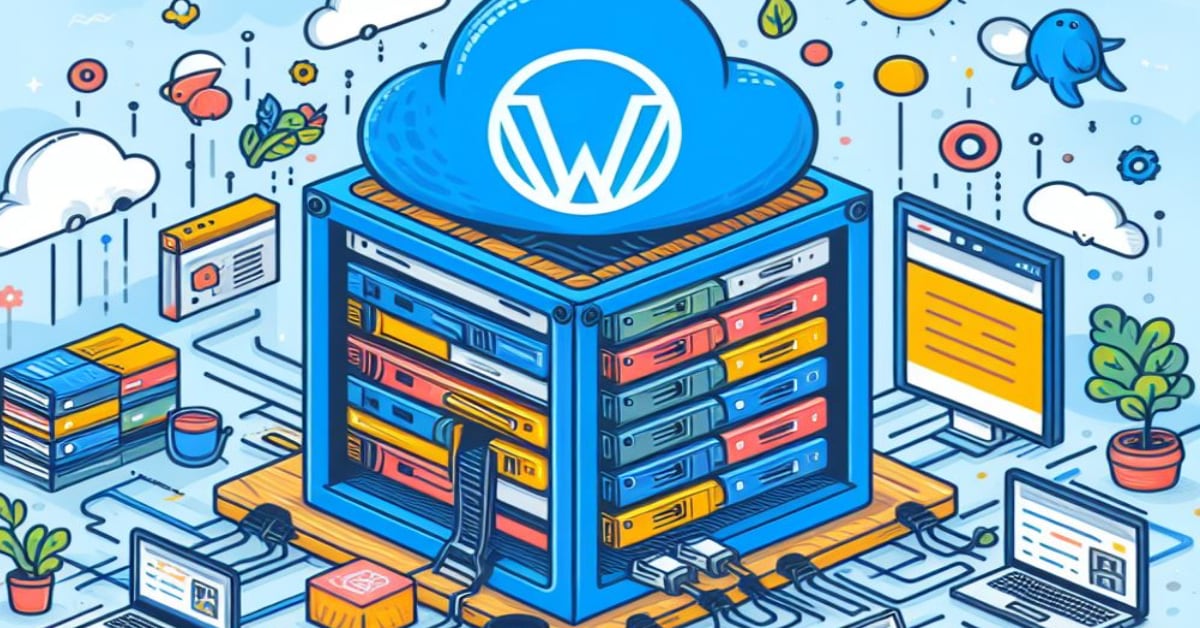 A WordPress Server Block surrounded by laptops and a Docker mascot